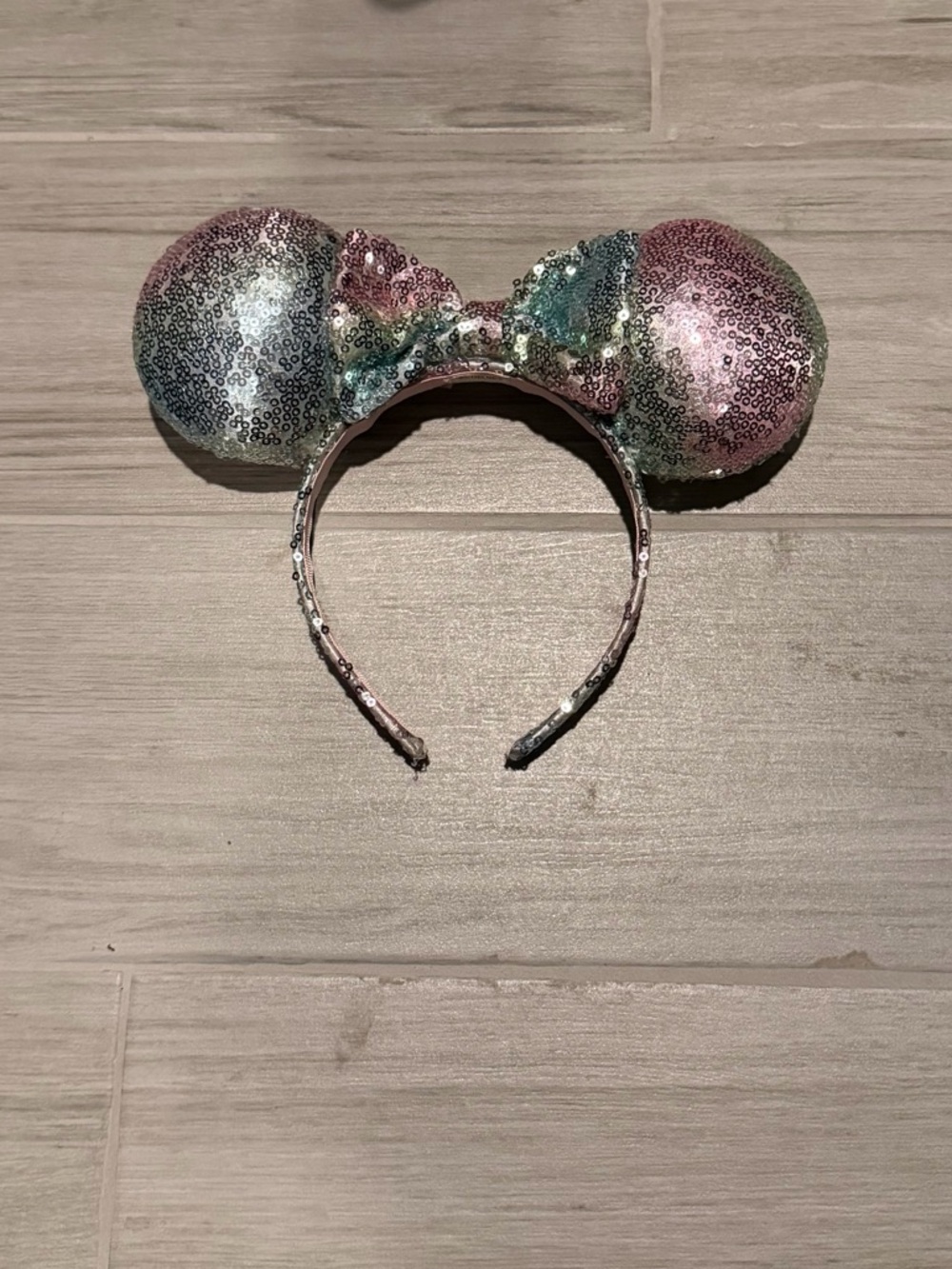 Sequin Minnie Ear Headband in Pastel Pink, Blue & Silver